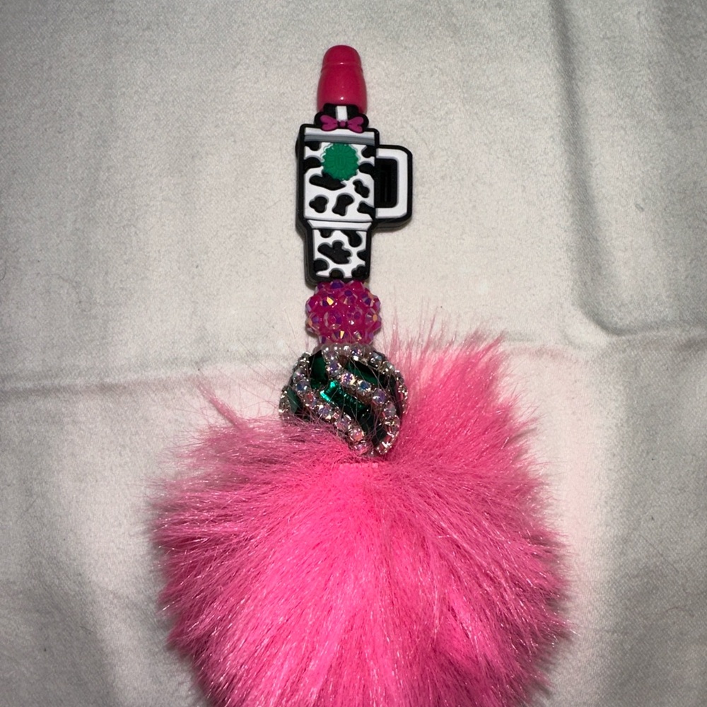 Pink Fluffy Cup with Cow Print Pen